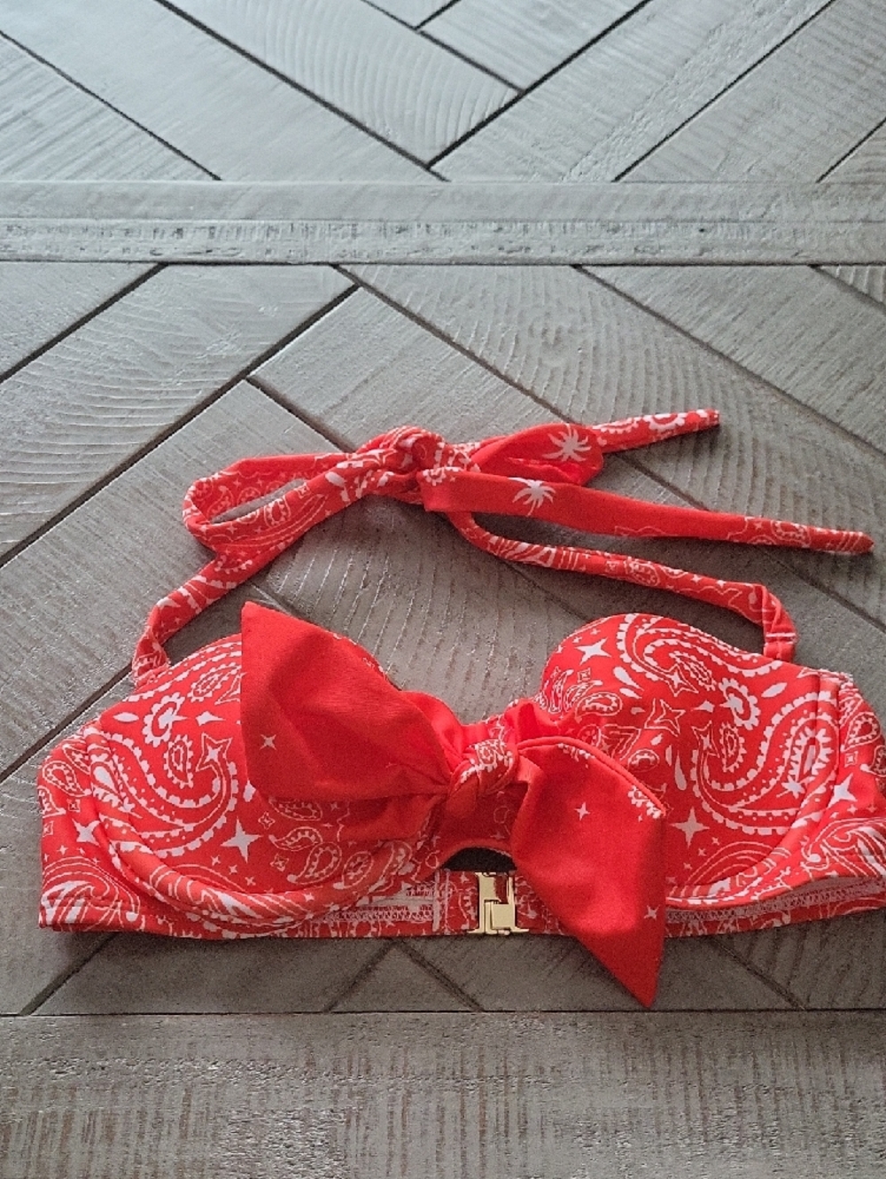 Wildfox Coral and White Bandana Bikini Top with Bow Strap